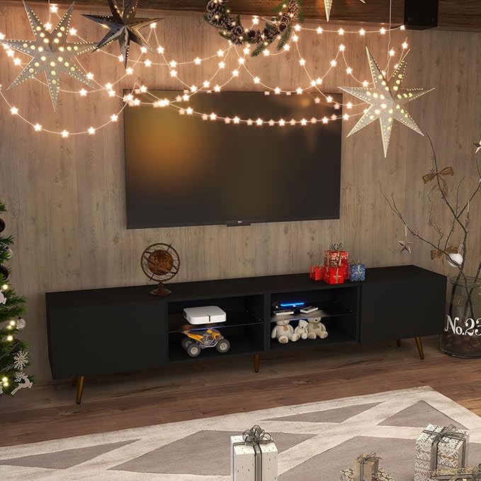 Bonzy Home 86 TV Stand Modern Entertainment Center for 75 TV Television Console Table with Storage Cabinets for Living Room Black