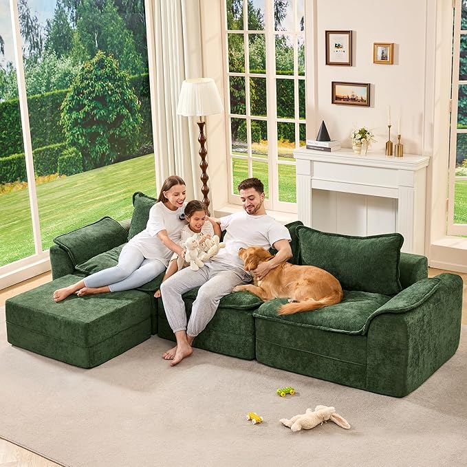 Hobestluk 120 Cloud Modular Sectional Couch 3-Seater Sofa with Ottoman L Shaped Sofa with Removable Cover Large Sofa Couch for Living Room (Green 3-Seater Sofa with One Ottoman)
