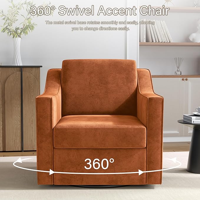 Swivel Accent Chairs Set of 2 360° Swivel Upholstered Club Armchairs for Living Room Comfy Single Sofa Reading Chair with Deep Seat Metal Swivel Base Chenille Fabric Orange