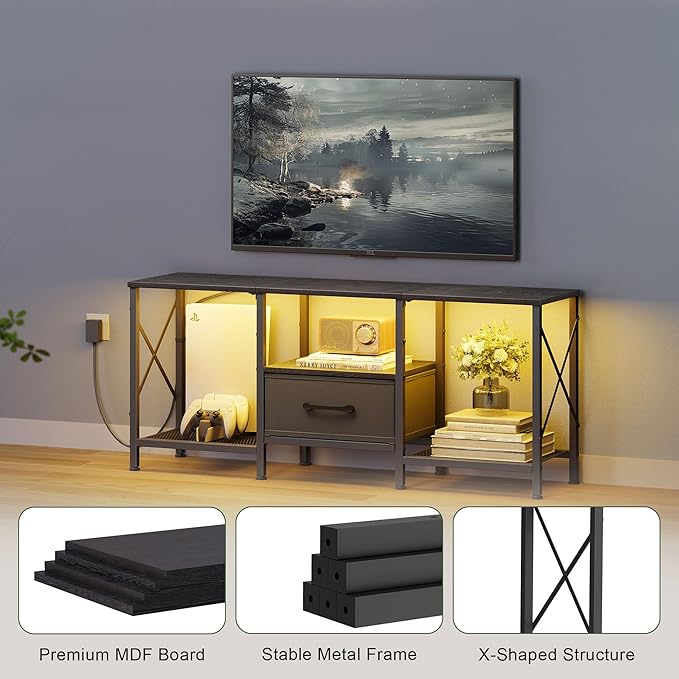 LED TV Stand with Fabric Drawer Entertainment Center for 50 55 Inch TV Industrial TV Console Table with Open Storage Shelves for Living Room Bedroom Black