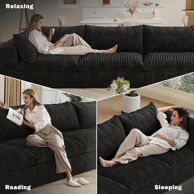 157.6 Modular Sectional Sofa Cloud Couch Modern Fluffy Boneless Couch Deep Seat Upholstered Sofa for Living Room Furniture Bedroom and Apartment (Black 4-Seater) | Plush Corduroy