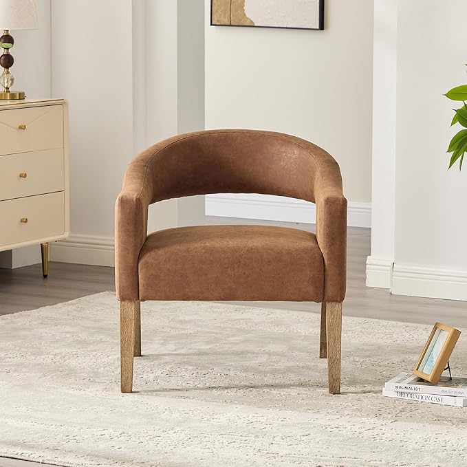 Modern Accent Chair Upholstered PU Leather Barrel Armchairs with Rubberwood Legs Comfy Lounge Arm Chair Hollow-Out Side Club Chair for Living Room Bedroom Office (Brown-Wide)
