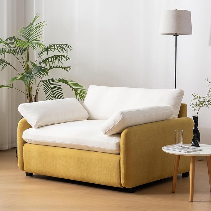 50*43 Oversized Chenille Single Sofa Chair Wide and Deep Seat Accent Chair Modern Upholstered Comfy Armchair Color Blocking Couch Lounge with Pillows for Living RoomApartmentBedroomYellow+Cream