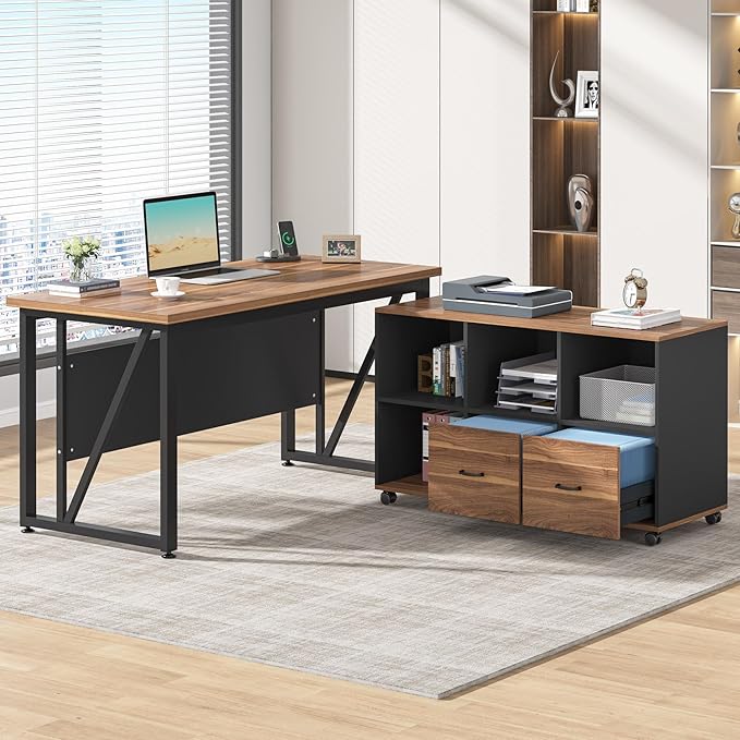 Tribesigns 55-Inch Executive Computer Desk with 43-Inch Lateral File Cabinet Large Workstation Business Furniture L Shaped Desk with Drawers and Storage Shelves for Home Office Walnut