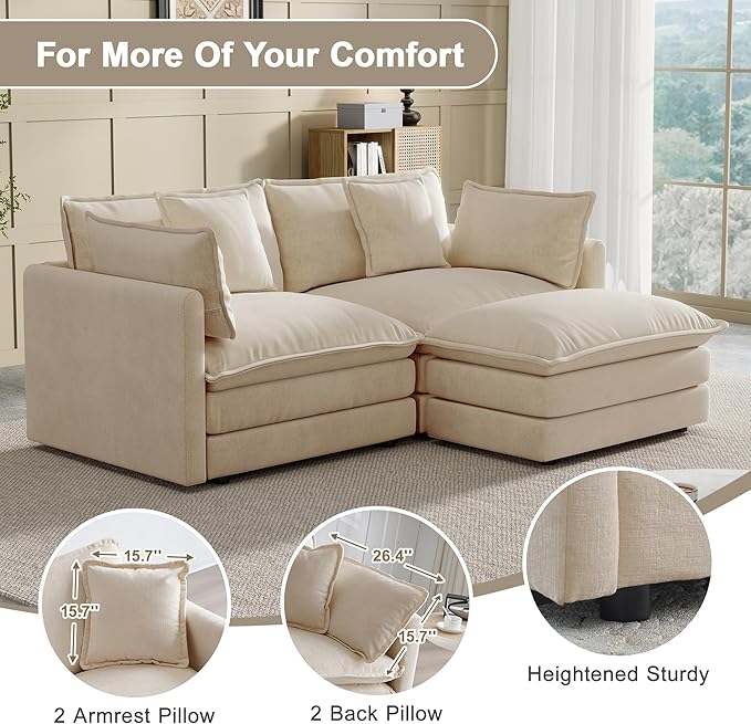 Modular Sectional Sofa 76.7 Inch L-Shaped Cloud Sofa with Deep Seat Comfortable Chenille Sofa with Cushion Double Sectional Sofa for Living Room ApartmentLight Coffee