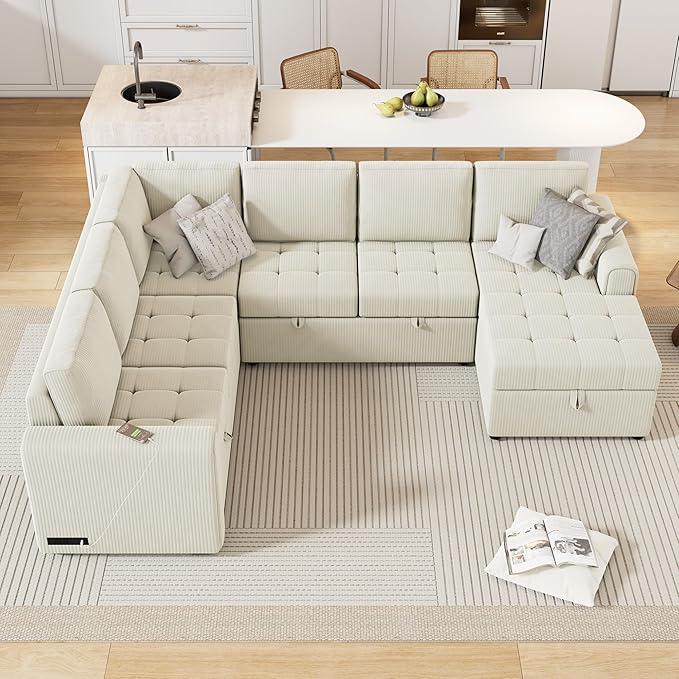 Modern 107.5 U-Shaped Sectional Sofa Convenient Pull-Out Sofa Bed with a Storage Chaise Lounge Corduroy 5 Seat Couch with Charging Devices for Living Room Apartment (Beige-8.18)