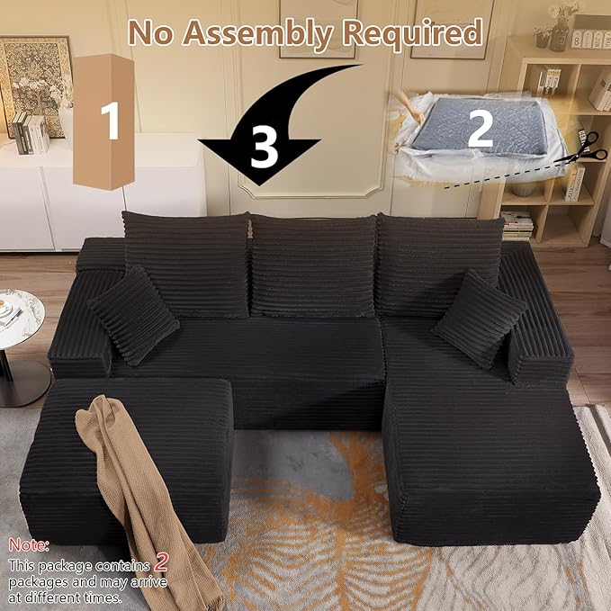 107 Corduroy Modular Sectional Sofa with OttomanModern U-Shaped Cloud Couch with Deep SeatComfy 3-Seater Sofa for Living RoomNo Assembly (BlackRight-Facing Chaise)