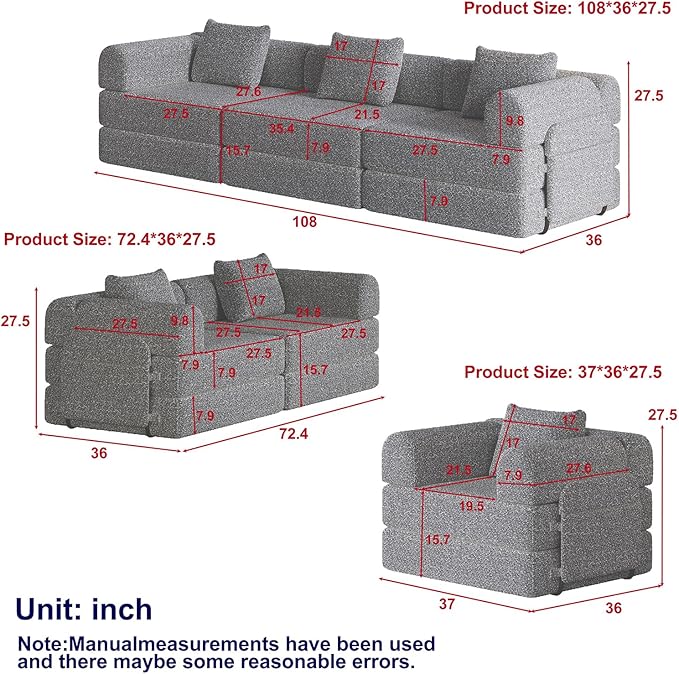 Convertible Sofa Bed 108+72.4+37 Sectional Couch 6-Seater with Storage Pockets Modular Sleeper Couch Chenille Folding Floor Boneless Lounge Sofa for Living Room Guest Room Grey