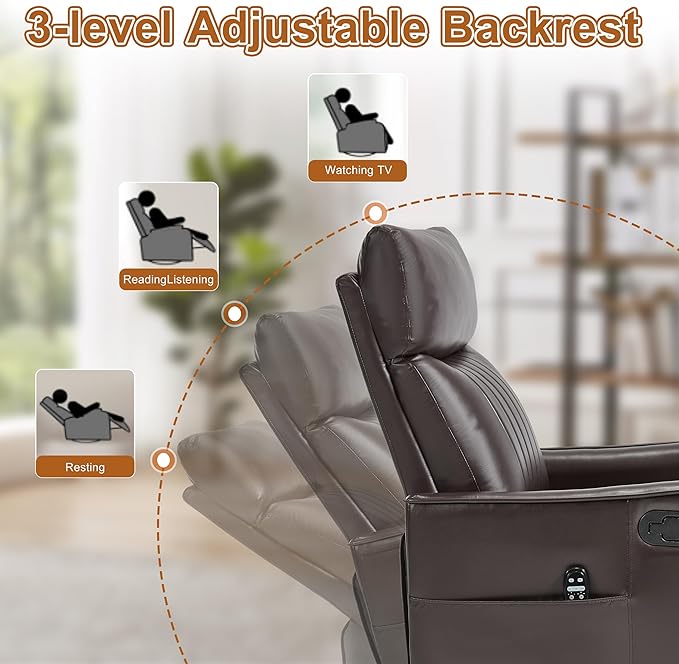 Manual Swivel Rocker Recliner Chair for Adults Overstuffed Recliner Glider with Massage and Heat Living Room Reclining Chair PU Leather Dark Brown