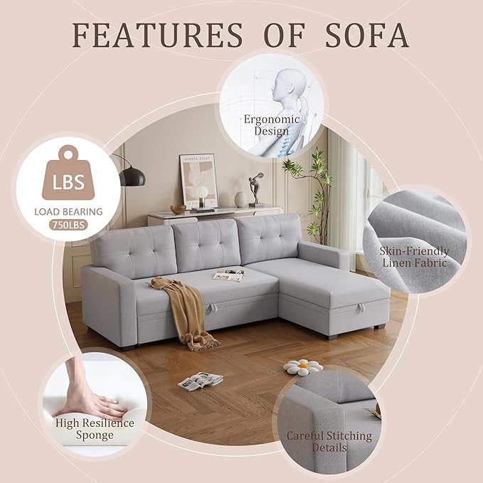 Ball &amp Cast L-Shape Convertible Sectional Sleeper Sofa Bed 4 in 1 Pull Out Couch with Reversible Storage Chaise &amp Removable Back CushionsSleeper Corner Couch Pull Out Sofa Bed for Living Room