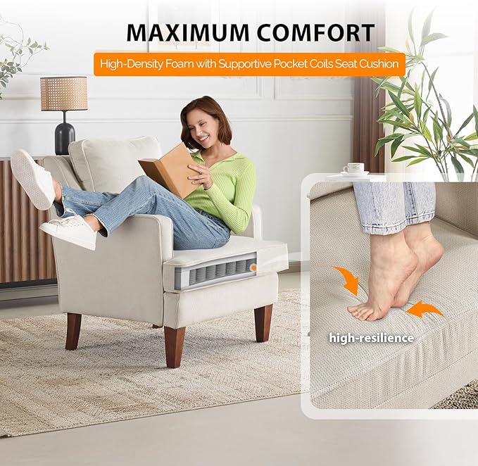 VINGLI Mid-Century Accent Chairs Beige Upholstered Armchair Comfy Sofa Chair Reading Chair High Back Living Room Bedroom Furniture for Apartment