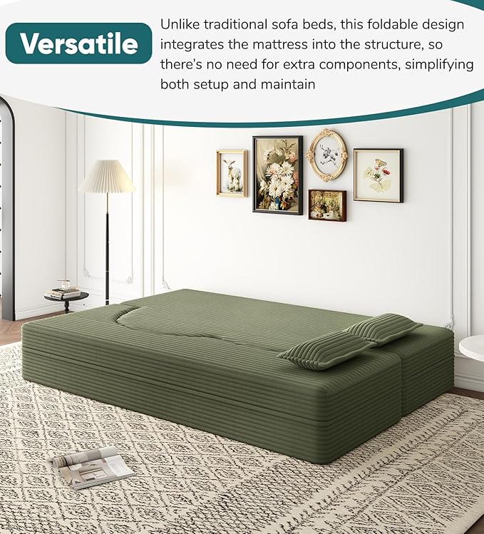 JOYBASE 78in Sofa Couch Convertible Oversized Cloud Loveseat Minimalist Sleeper Sofa Bed for Living Room Apartment Office No Assembly Required (Light Green Corduroy)
