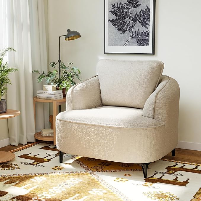 36 Lounge Chair with Metal Leg Accent Chair with Plush Chenille Upholstery Ergonomic Back &amp Boneless Comfort for Living Room Bedroom Office No-Assembly Beige