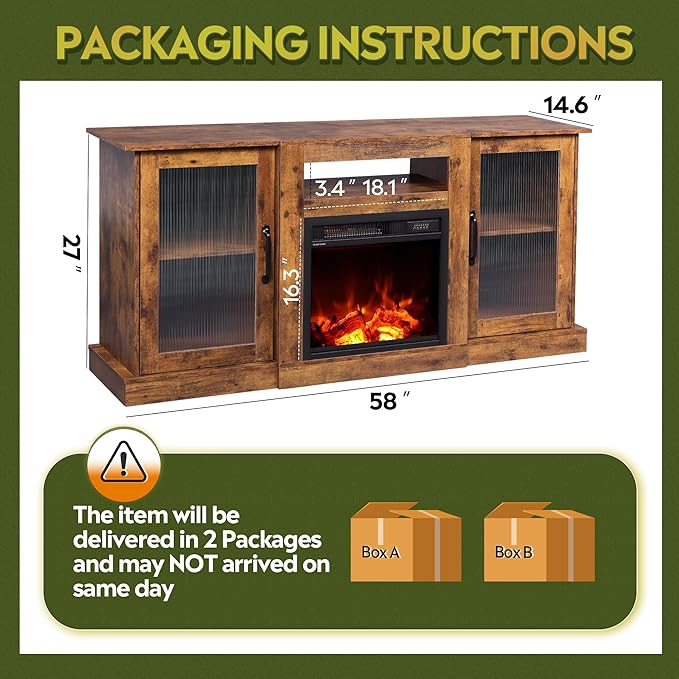 WLIVE Fireplace TV Stand for 65 TV Entertainment Center with 3D Realistic Flame Electric Fireplace TV Console with Open Shelves for Living Room Rustic Brown