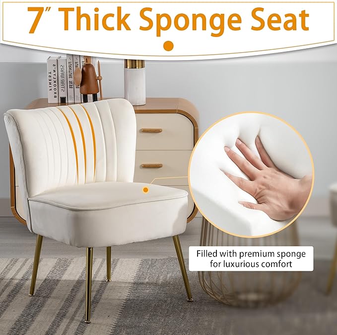 ABET Accent Chairs Set of 2 Velvet Armless Living Room Chairs with Tufted Wingback Thicken Cushion Gold Metal Legs Comfy Upholstered Side Chairs Slipper Chairs Club Chairs for Bedroom Beige