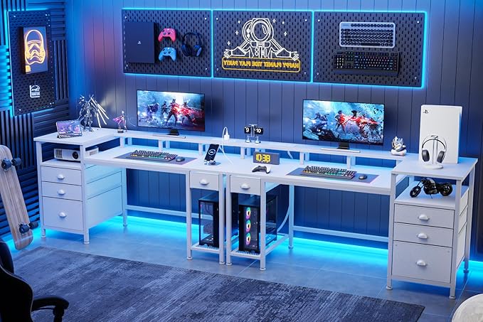 Furologee 60 White Office Computer Desk with 4 DrawersGaming Desk with LED Lights and Power OutletsLong Desk with Fabric File CabinetStudy Writing Work Table with Shelf for Bedroom Home Office