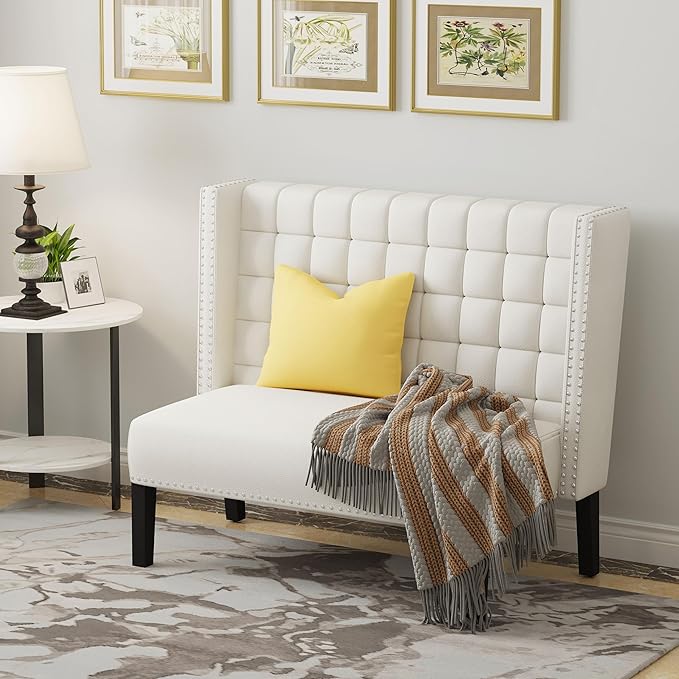 Andeworld Modern Loveseat Settee Bench Sofa Couch Upholstered Banquette Dining Bench with Back for Dining Living Room Hallway or Entryway SeatingWhite