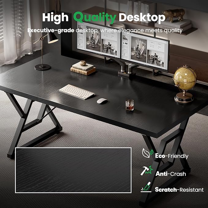 63 Large Executive Desk - Computer Office Desk Workstation Modern Business Writing Table with Sturdy Metal Legs for Home Office (Black/Black)