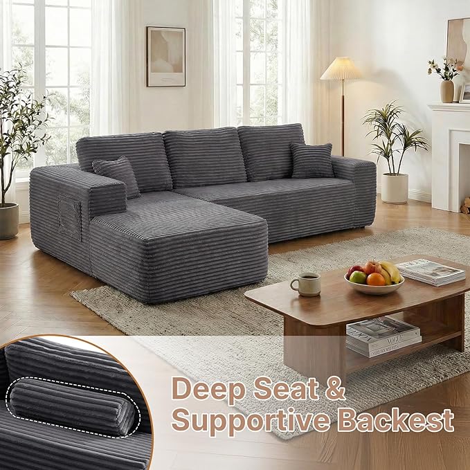 104 inch Boneless L-Shaped Sectional Sofa with Throw Pillow &amp Side Pockets- No Assembly Compressed Modular Couch Memory Foam Deep Seat for Living Room Bedroom Apartment Grey Left