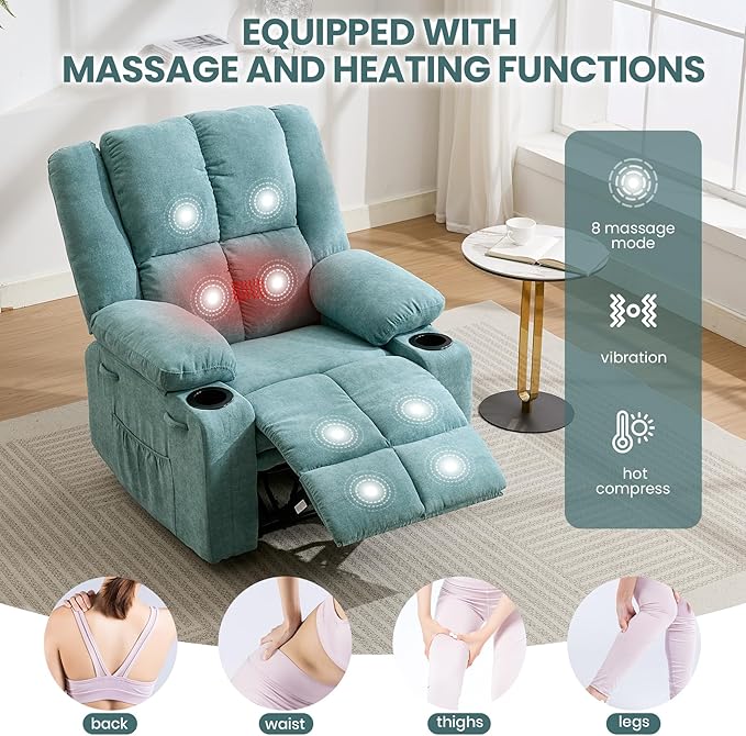 Manual Recliner Chair with Heating &amp MassageErgonomic Overstuffed Breathable Fabric Reclining Chair with Side PocketsQ235 Steel Frame Lazy Boy Recliner Single Sofa for Living Room Bedroom