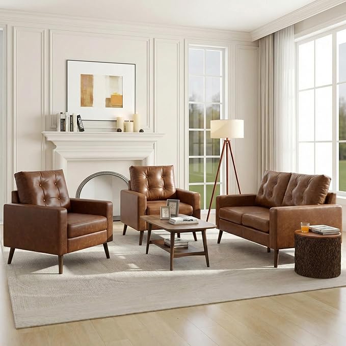 Wahson Accent Chairs Set of 2 Faux Leather Tufted Single Sofa Brown Oversized Club Chair Mid Century Modern Armchair with Wood Legs for Reading/Living Room/Bedroom