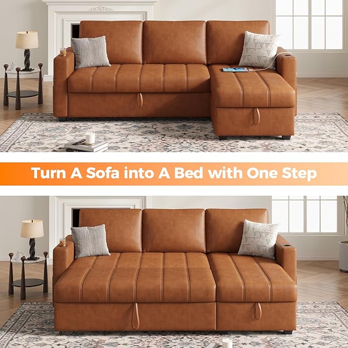 Fadware 89” L Shape Sofa Sleeper Sectional Sofa Bed with Hidden Storage&amp Side Pocket Anti-scratch Faux Leather Couch Bed with ChargePort&amp CupHolder Modern Piano Design Pull Out Couch for Li