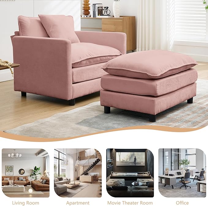 Oversized Chair with Ottoman Chenille Upholstered Deep Seat Couch Armchair 40.16'' Comfy Chaise Lounge Indoor with Thick Cushion for Living Room (Pink 40.16'' Single Seat Sofa &amp 1 Ottoman)