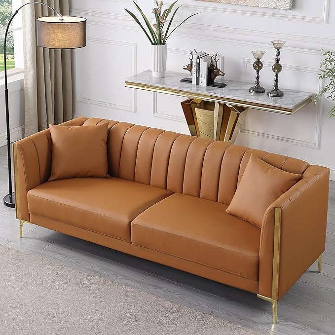FOTOSOK Leather Couch Sofa Office Couches 78'' Apartment Faux Leather Sofa with 2 Throw Pillows &amp Gold Metal Legs Waterproof 3 Seater Couches for Small Living Room Affordable Luxury Design