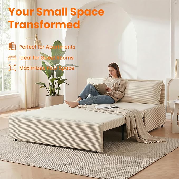 ijuicy 3 in 1 Pull Out Sofa Bed Queen Corduroy Sleeper Sofa with Pullout Bed Convertible Loveseat Couch Beds with Pillows and Tri-fold Mattress for Small Spaces Apartment-Beige