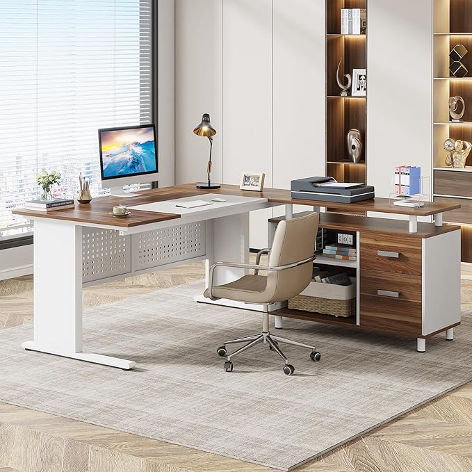 Tribesigns 63 Inch Executive Desk with File Cabinet L Shaped Office Desk with Drawers and Storage Shelves Business Furniture Set Workstation for Home Office White and Walnut