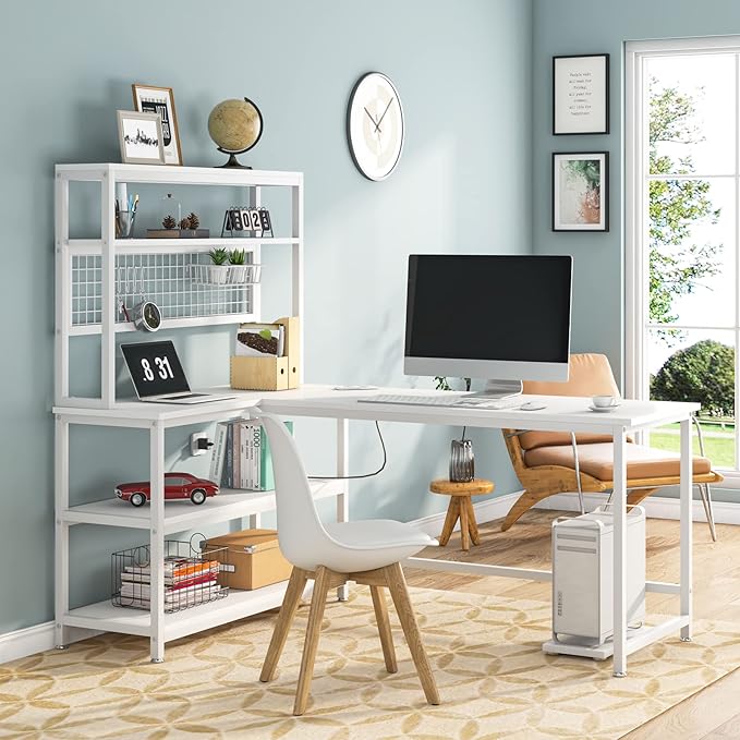 LITTLE TREE L-Shaped Computer Desk 55 Inch Reversible Office Desk Study Writing Table with Wireless Charging and Bookshelf for Home Office White