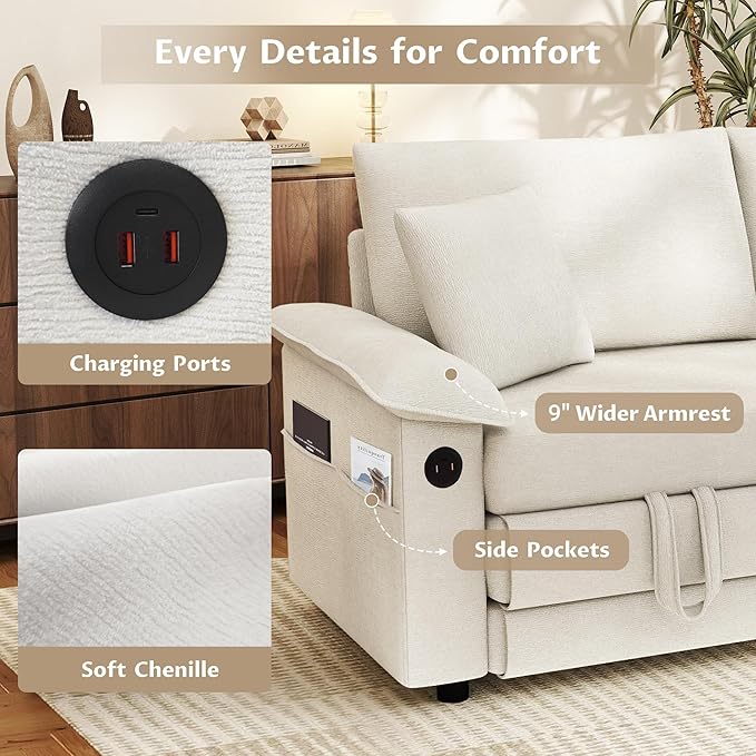 SUNWAVE 77 Loveseat Sleeper Sofa Convertible Sofa Bed 2-Seat Pull Out Couch w/USB Chenille Folding Sofa Bed for Living Room Small Spaces Bedroom (Ivory) | 9 Wider Amrest Breathable Chenille Stay