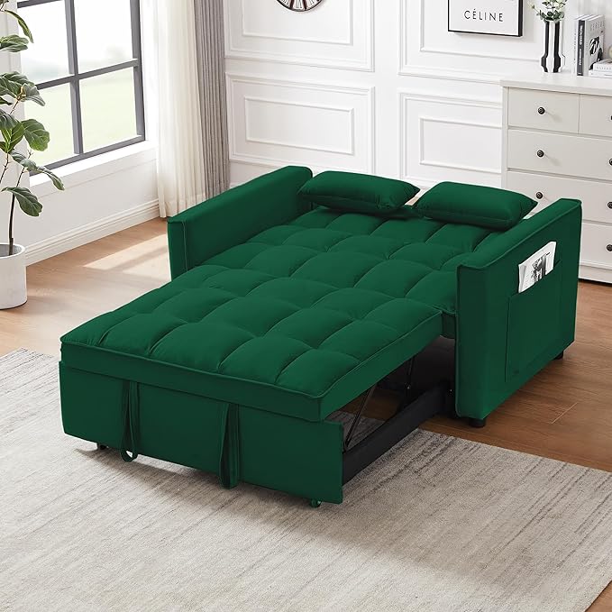 Sleeper Sofa Bed55 Inch Convertible 3-in-1 Pull Out Bed with Side Pockets Velvet Fabric Loveseat Sleeper Sofa with Adjustable Backrest for Living RoomBedroomApartment and Small Space(Green)
