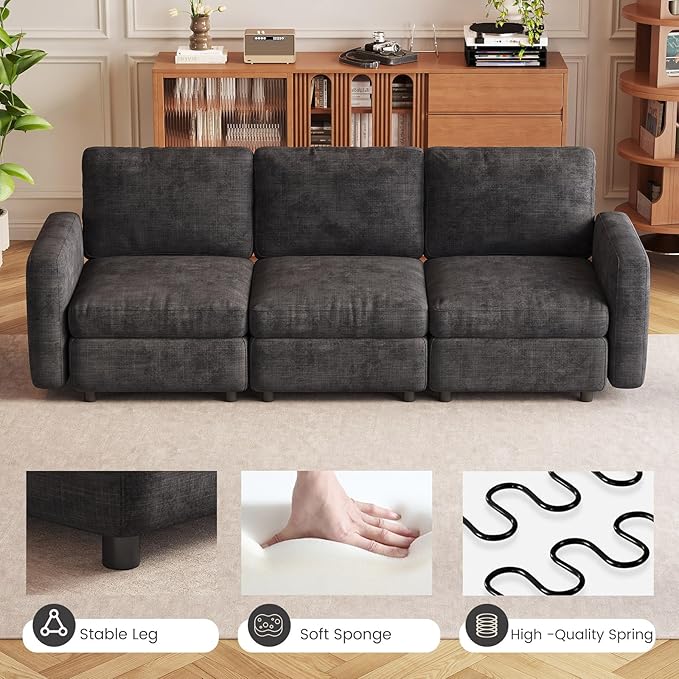 3 Seaters Modular Sectional Sofa 3 Seat Sofa Modern Sectional Couches with Deep Seats for Living Room Upholstered Couch with Soft Backrest 90.15 L Dark Grey (No Ottoman)