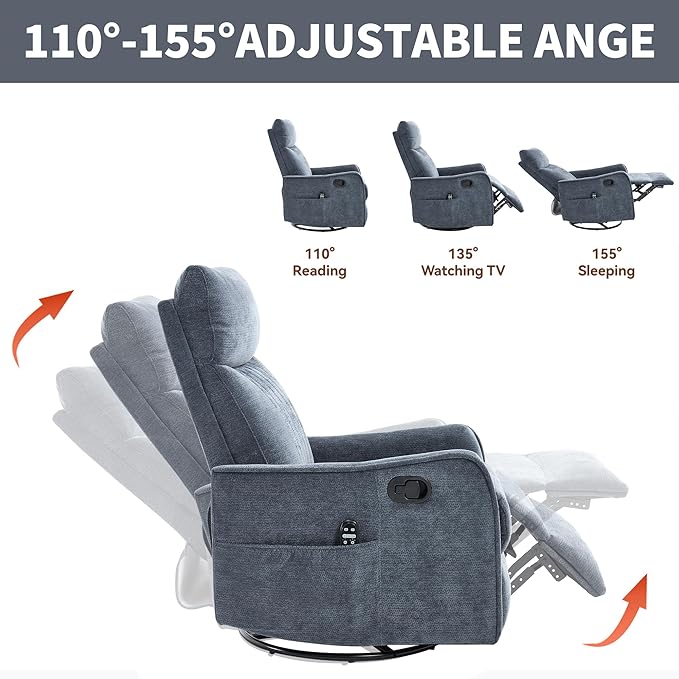 High Back Massage Recliner with Heat - Swivel Rocking Chair for Small Spaces Manual Lazy Boy Recliner for Adults Perfect for Living Room &amp Bedroom Soft Fabric (Blue)
