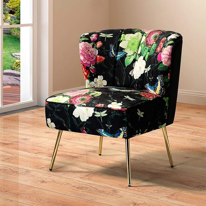 TINA'S HOME Armless Accent Chair with Gold Metal Legs Comfy Tufted Floral Fabric Living Room Chair Wingback Small Side Chair Upholstered Slipper Chair for Bedroom Reading Room (Print Flower BLACK)