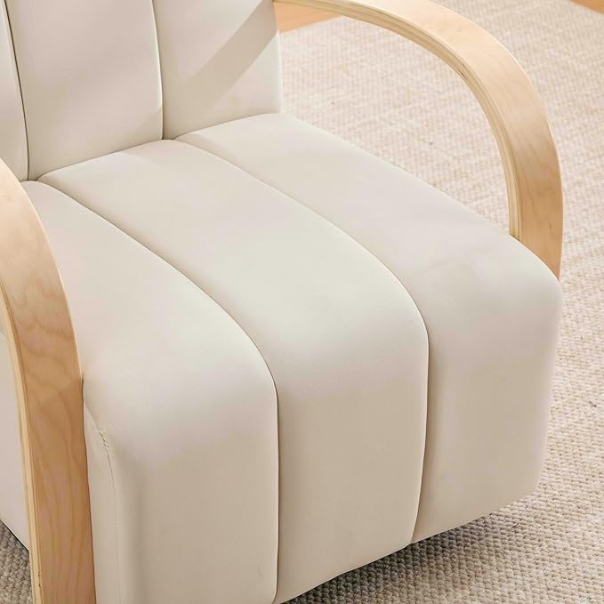 KEIKI 30.3 W Upholstered Swivel Accent Chair Modern Velvet Sofa Chair with Solid Wood Armrests and Channel Tufted Back Single Sofa Armchair for Living Room Bedroom Office Beige