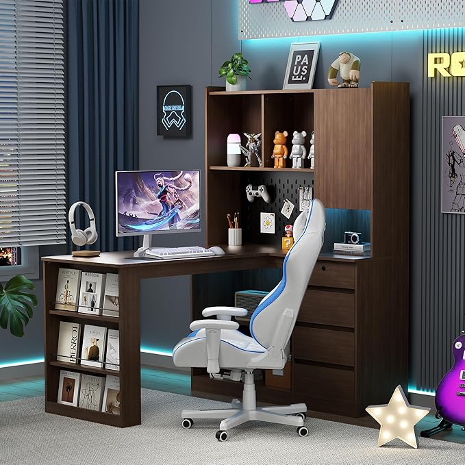 L Shaped Desk with Hutch Wooden Home Office Desk with 4 Drawers Storage Cabinet Charging Station Corner Writing Computer Desk(Left Side Desk Brown)