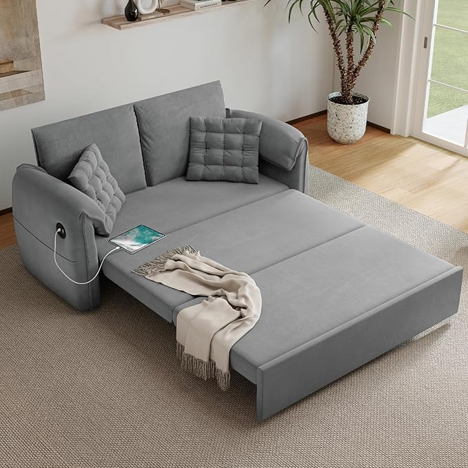 3-in-1 Convertible Sleeper Sofa Bed 62.9 W x 87 L Couch with Pull Out Bed with 6-Position BackrestHidden Storage &amp USB for Living RoomLight Grey