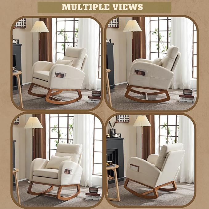 VINGLI Beige Linen Nursery Rocking Chair with Thick HeadrestMid-Century Modern Nursing RockerUpholstered Glider with Curved Armrest Sturdy Solid Wood Base for Living Room Bedroom Baby Room