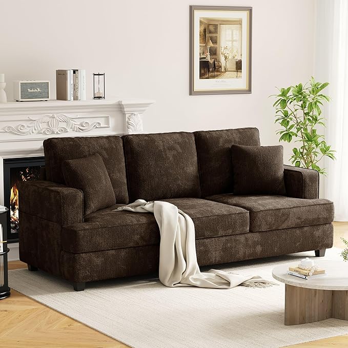 3 Seater Sofa Couch 89 Couches for Living Room with Deep Seats Mid Century Modern Chenille Sofa with Armrests Comfy Sofas for Living Room Bedroom Apartment Office Brown