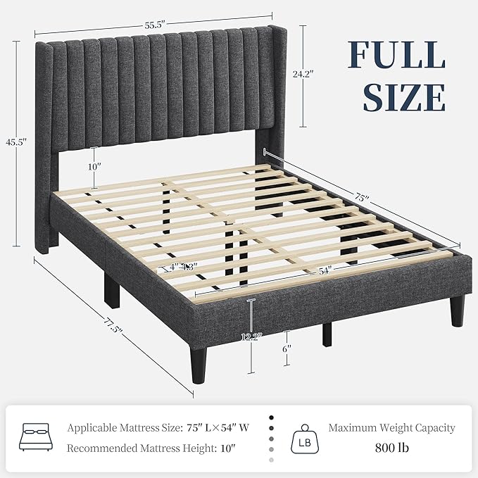 Yaheetech Full Bed Frame Upholstered Platform Bed with Fabric Headboard Wing Edge Design/Non-Slip and Noise-Free/Wooden Slats Support/No Box Spring Needed/Easy Assembly Dark Gray Full Bed