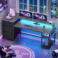 SEDETA 59 Office Desk with File Drawers Reversible Computer Gaming Desk with Storage LED Lights &amp Power Outlet Home Office Desks for Printer Grey