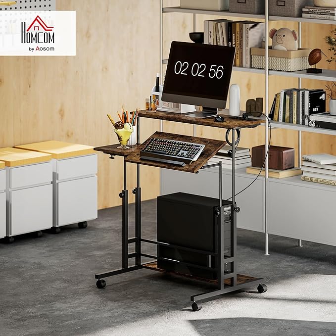HOMCOM Height Adjustable Standing Desk with Power Outlets Stand Up Desk with Tiltable Tabletop Lockable Wheels Bottom Shelf Rolling Workstation for Home Office Brown