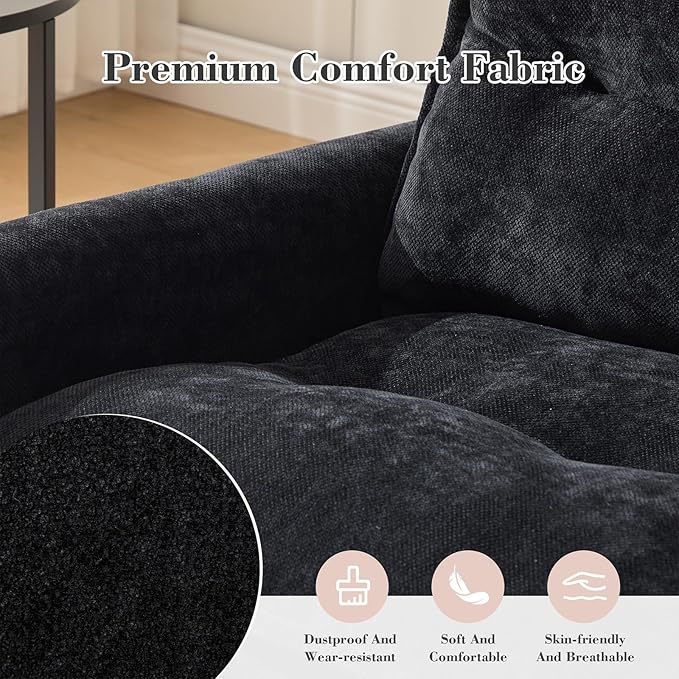 Oversized 360° Swivel Accent Armchair Nursing Chair and a Half with Side Pockets and Wide armrest Solid Metal Base Comfortable Single Sofa Chair for Living RoomBedroom Reading Room (Black)