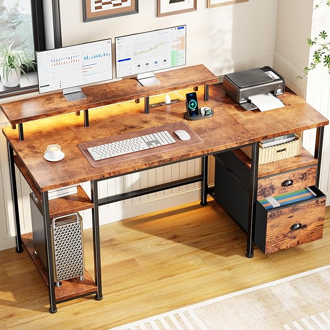 Furologee 61 Computer Desk with Power Outlet &amp LED Lights Reversible Gaming Desk with File Cabinet &amp Monitor Stand for Home Office Writing Study Table with Storage Shelves and Drawer Rusti