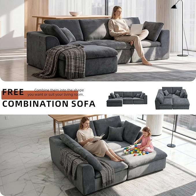 Boneless Couch with Ottoman 110 L-Shaped Cloud Sectional Sofa Modular Convertible Cloud Couch for Living Room Deep Seat Chenille Set (Dark Gray 3 Seater + 1 Ottoman)