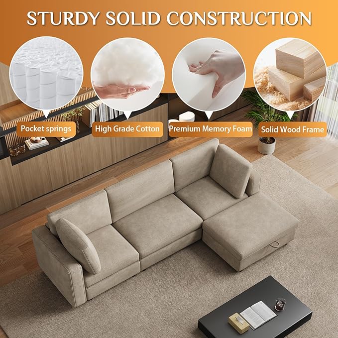 OUYESSIR 114 Oversized Modular Sectional Sofa L Shaped Sectional Couches for Living Room 4 Seat Modular Sofa with Storage Ottoman &amp Removable Cover Light Brown