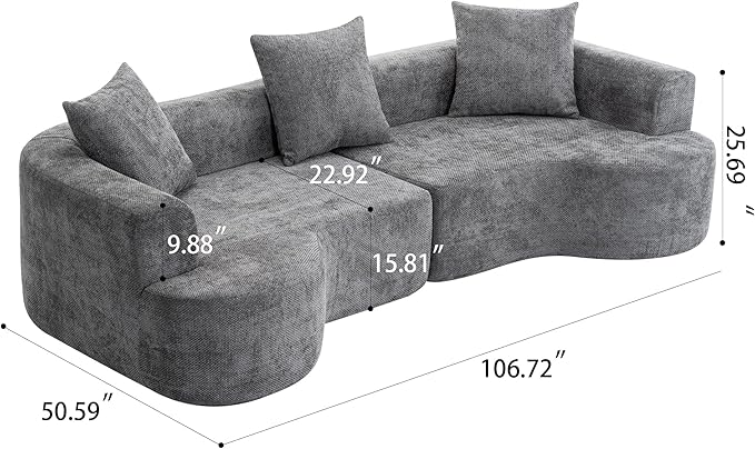 106.72” Curved Sofa Oversized Curved Couch for Living Room Corduroy Fabric Foam Couch Modern Deep Seat Couched with Pillows No Assembly Grey