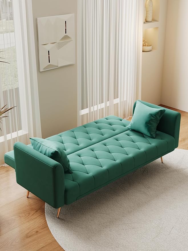 71 Convertible Velvet Futon Sofa Bed Loveseat with Multiple Adjustable BackrestsModern Sleeper Couch with Golden Metal Legs for Living RoomApartmentOfficeGreen